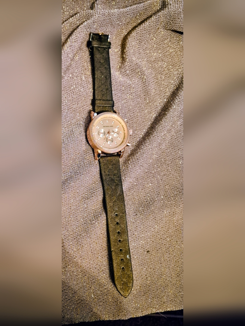 Michael Kors Rose Gold Chronograph Watch with Black Strap